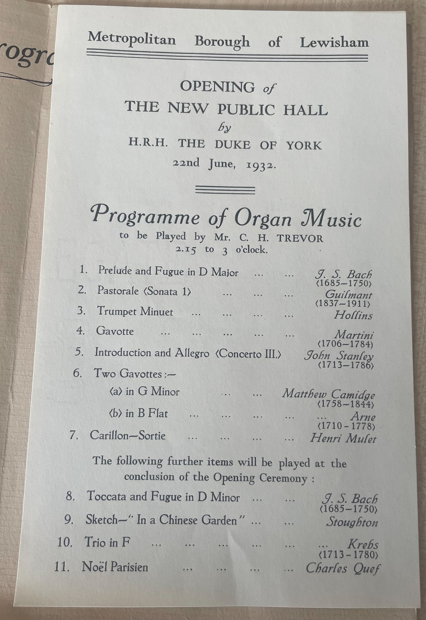 The programme from the opening of Broadway in 1932.